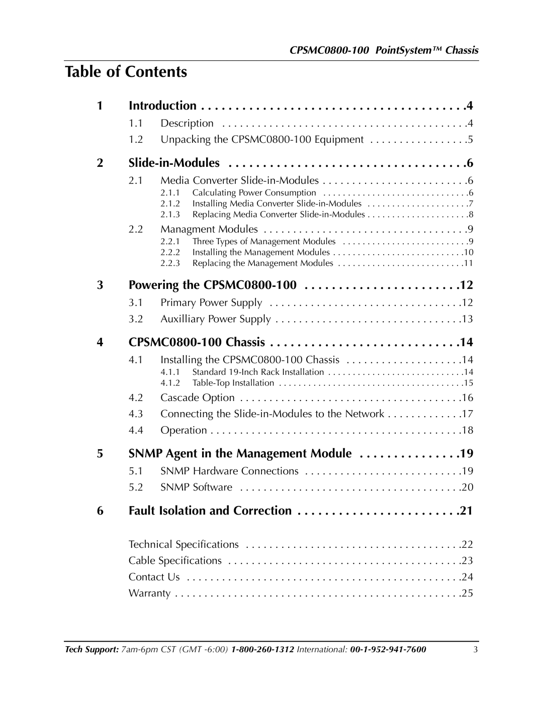 Transition Networks CPSMC0800-100 manual Table of Contents 