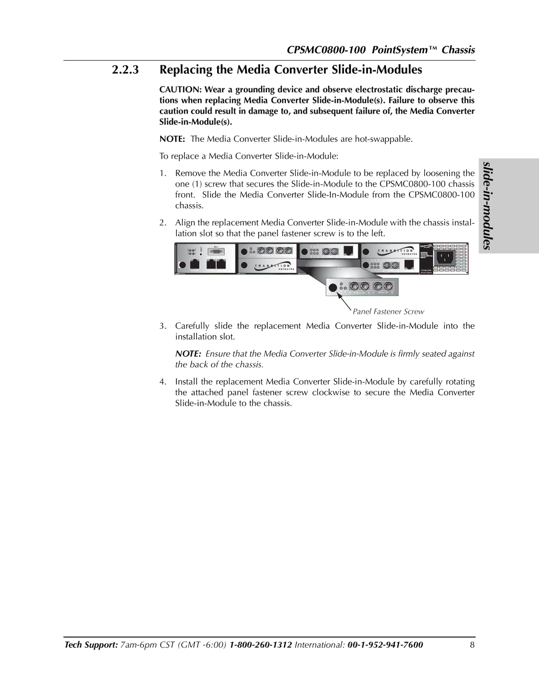 Transition Networks CPSMC0800-100 manual Replacing the Media Converter Slide-in-Modules 