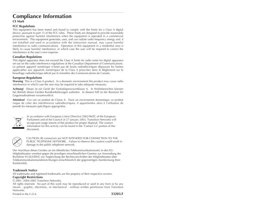 Transition Networks CPSMM-120 Compliance Information, 33203.F, CE Mark FCC Regulations, Canadian Regulations 