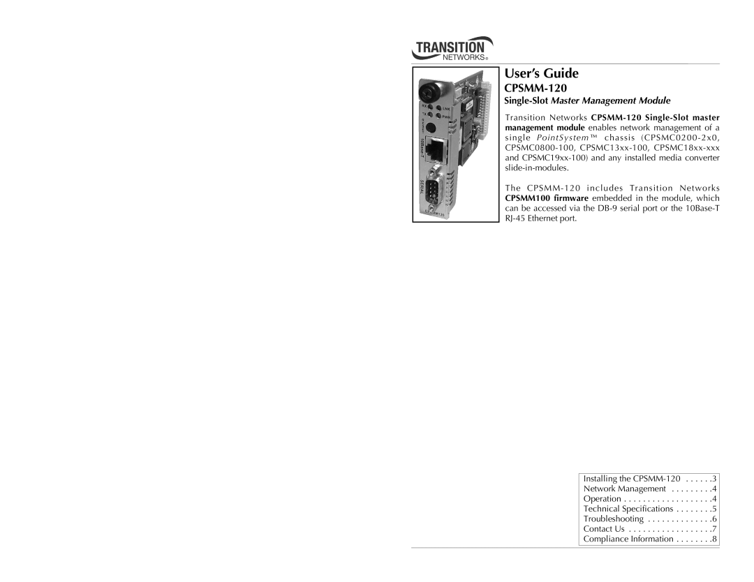 Transition Networks CPSMM-120 technical specifications User’s Guide 