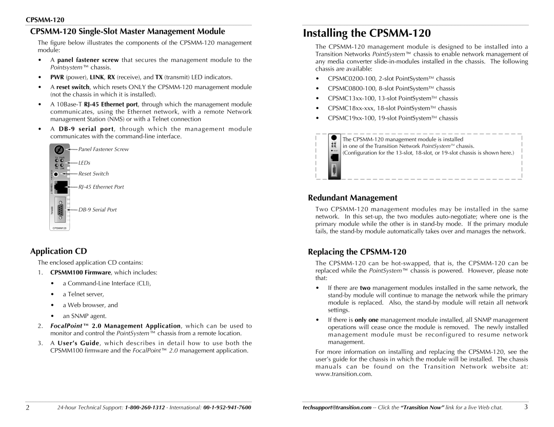 Transition Networks Installing the CPSMM-120, CPSMM-120 Single-Slot Master Management Module, Application CD 