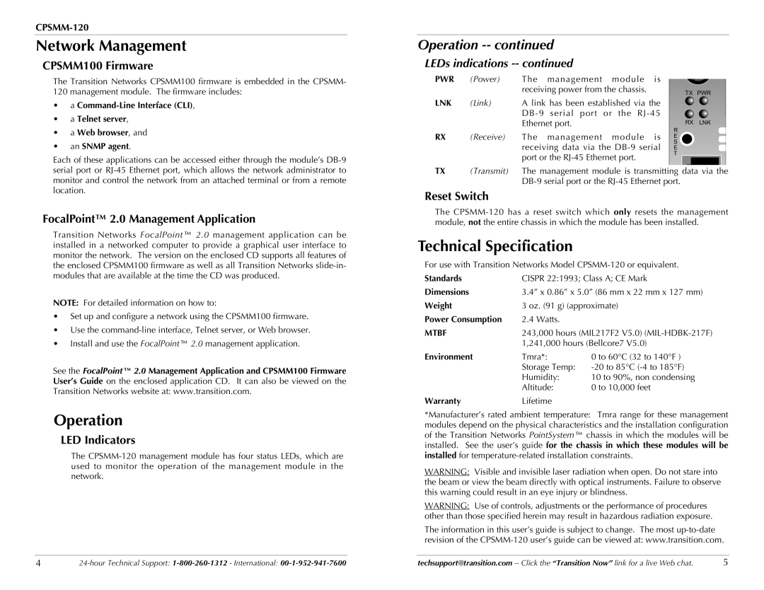 Transition Networks CPSMM-120 technical specifications Network Management, Operation, Technical Specification 