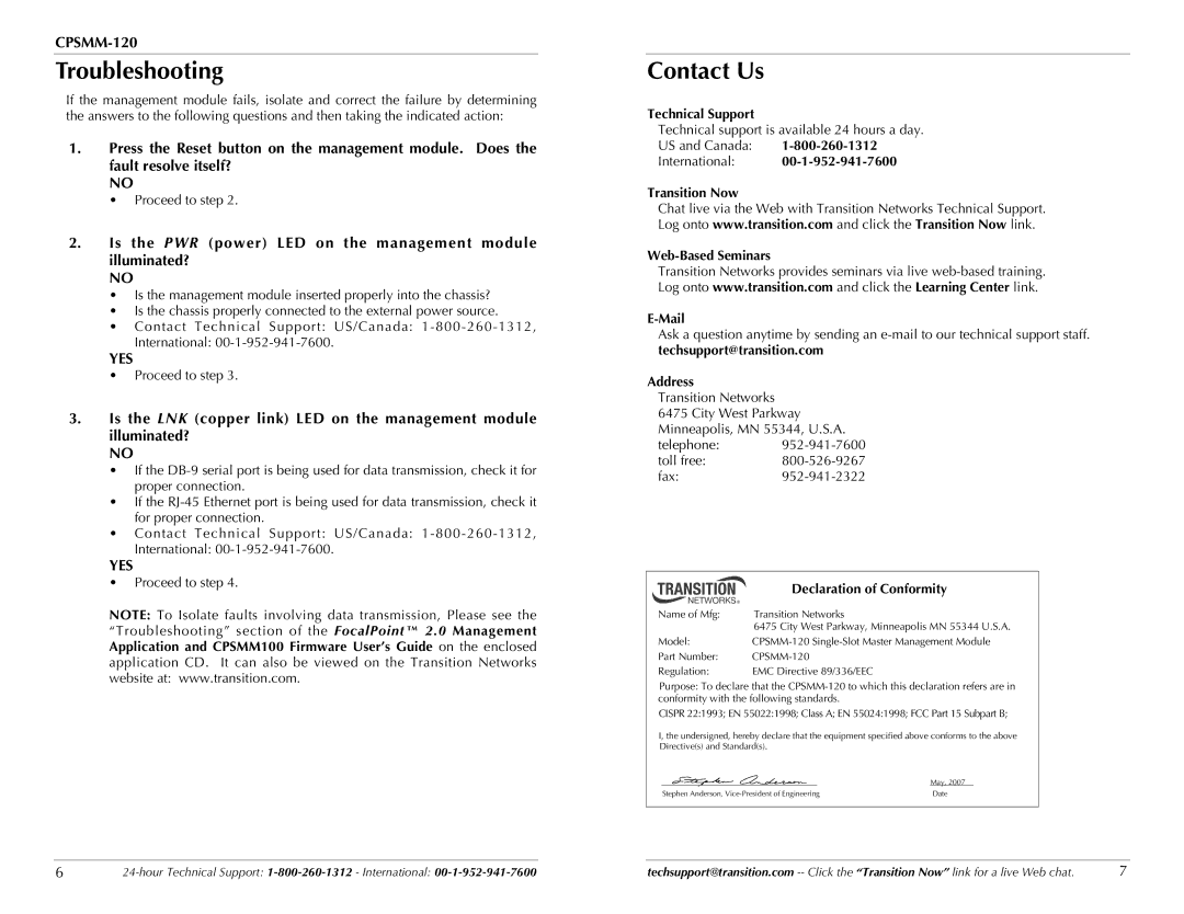 Transition Networks CPSMM-120 Troubleshooting, Contact Us, Technical Support, Declaration of Conformity 