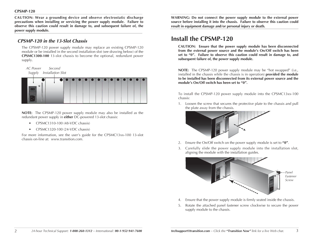 Transition Networks technical specifications Install the CPSMP-120, CPSMP-120 in the 13-Slot Chassis 