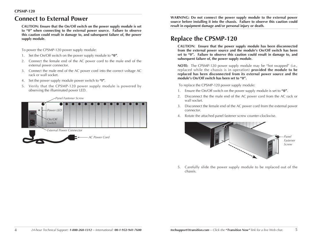 Transition Networks technical specifications Connect to External Power, Replace the CPSMP-120 