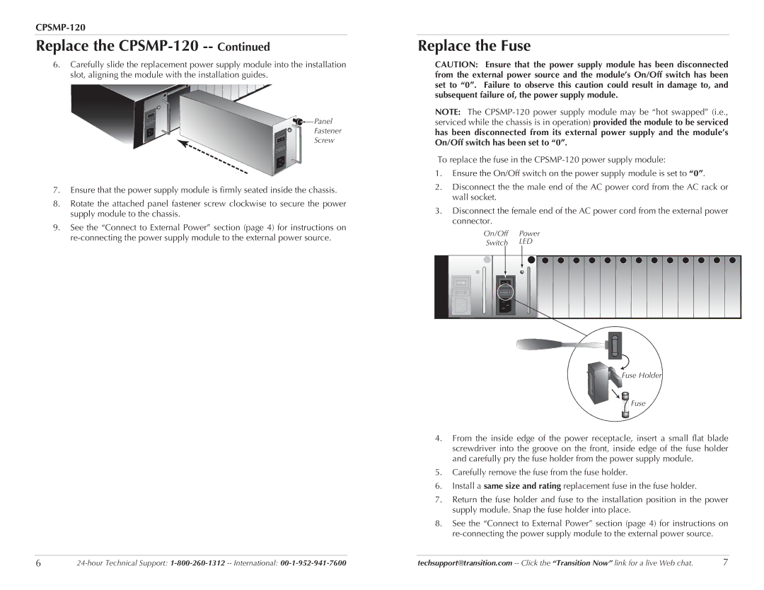 Transition Networks CPSMP-120 technical specifications Replace the Fuse 