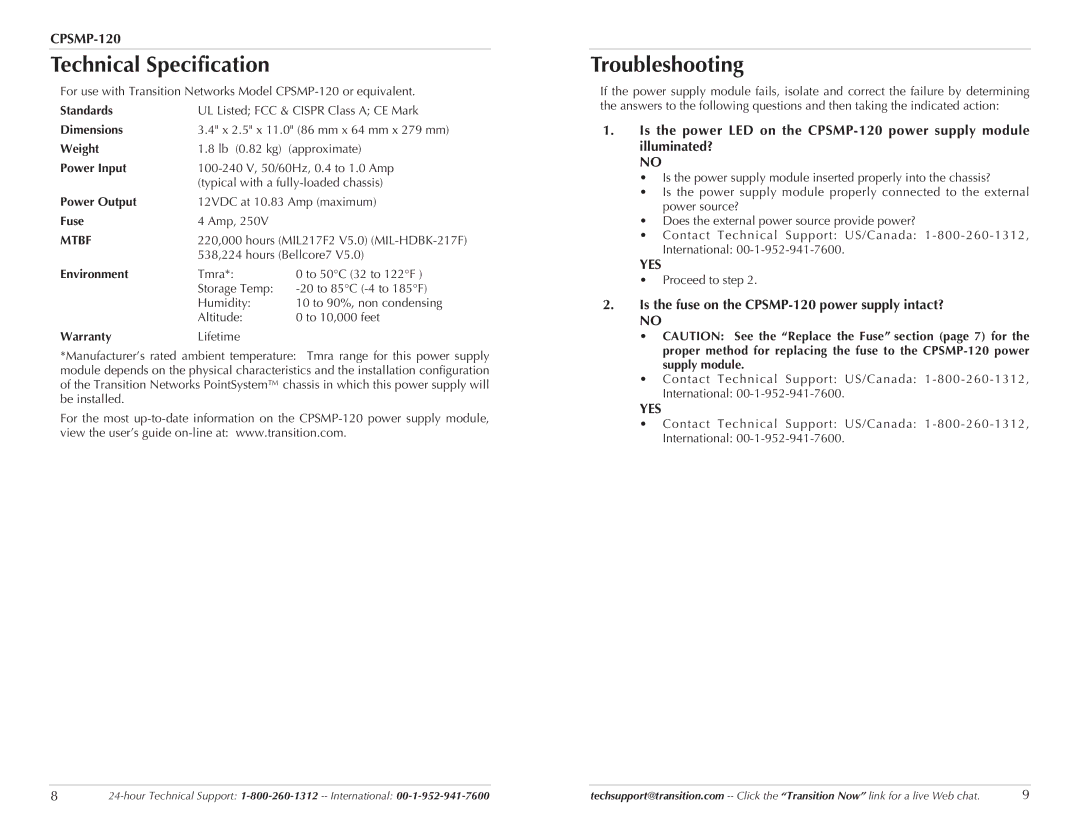 Transition Networks CPSMP-120 technical specifications Technical Specification, Troubleshooting, Mtbf 