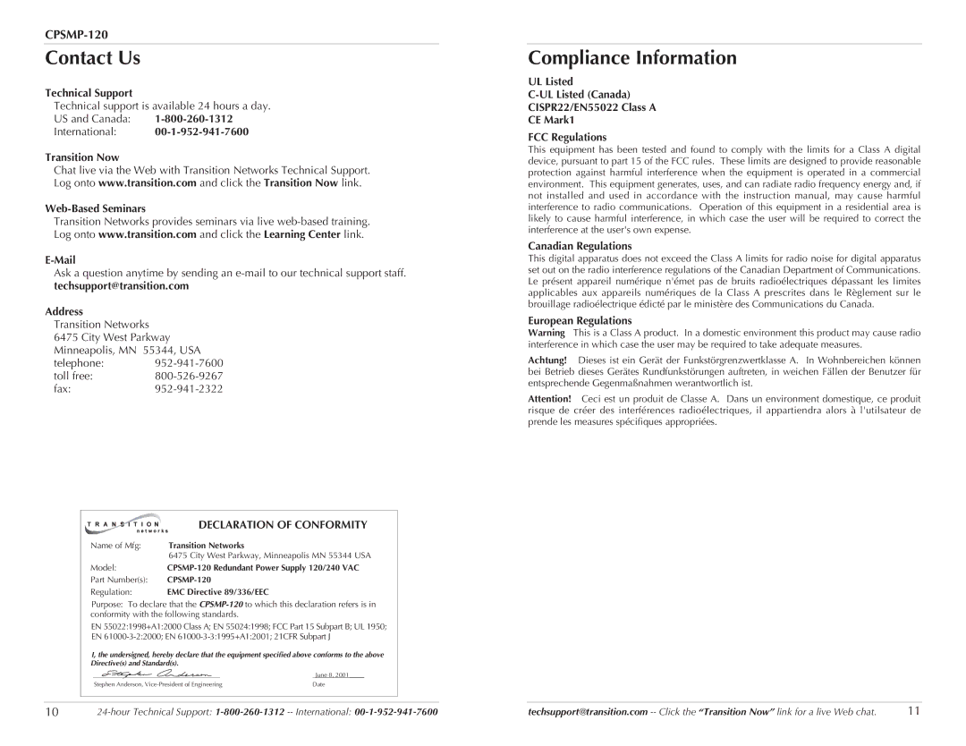 Transition Networks CPSMP-120 technical specifications Contact Us, Compliance Information, Declaration of Conformity 