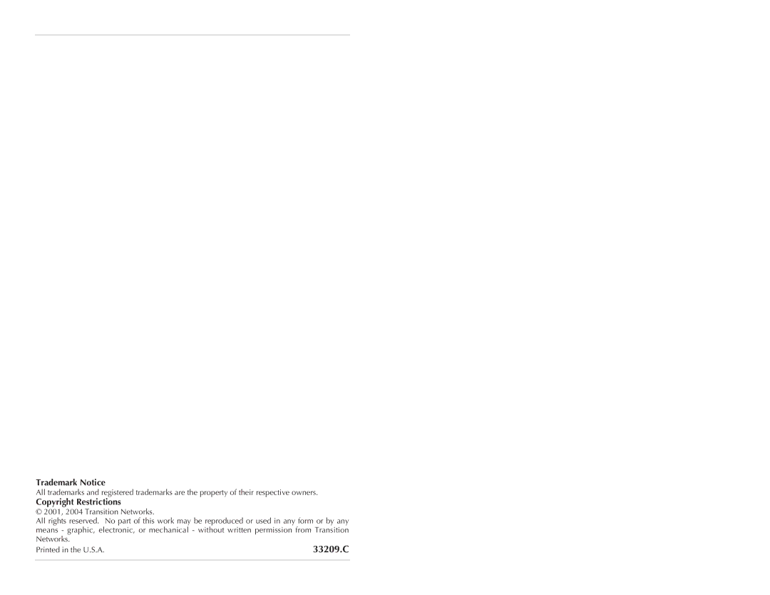 Transition Networks CPSMP-120 technical specifications Trademark Notice, Copyright Restrictions 