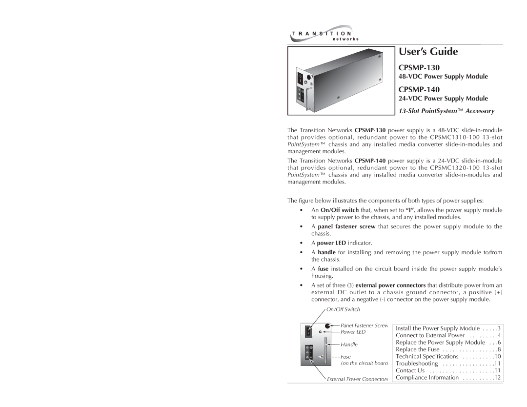 Transition Networks CPSMP-130, CPSMP-140 technical specifications User’s Guide, VDC Power Supply Module 