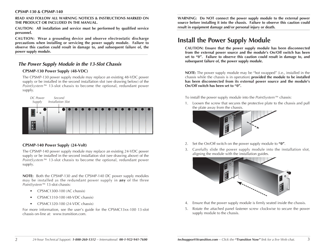 Transition Networks Install the Power Supply Module, CPSMP-130 & CPSMP-140, CPSMP-130 Power Supply 48-VDC 