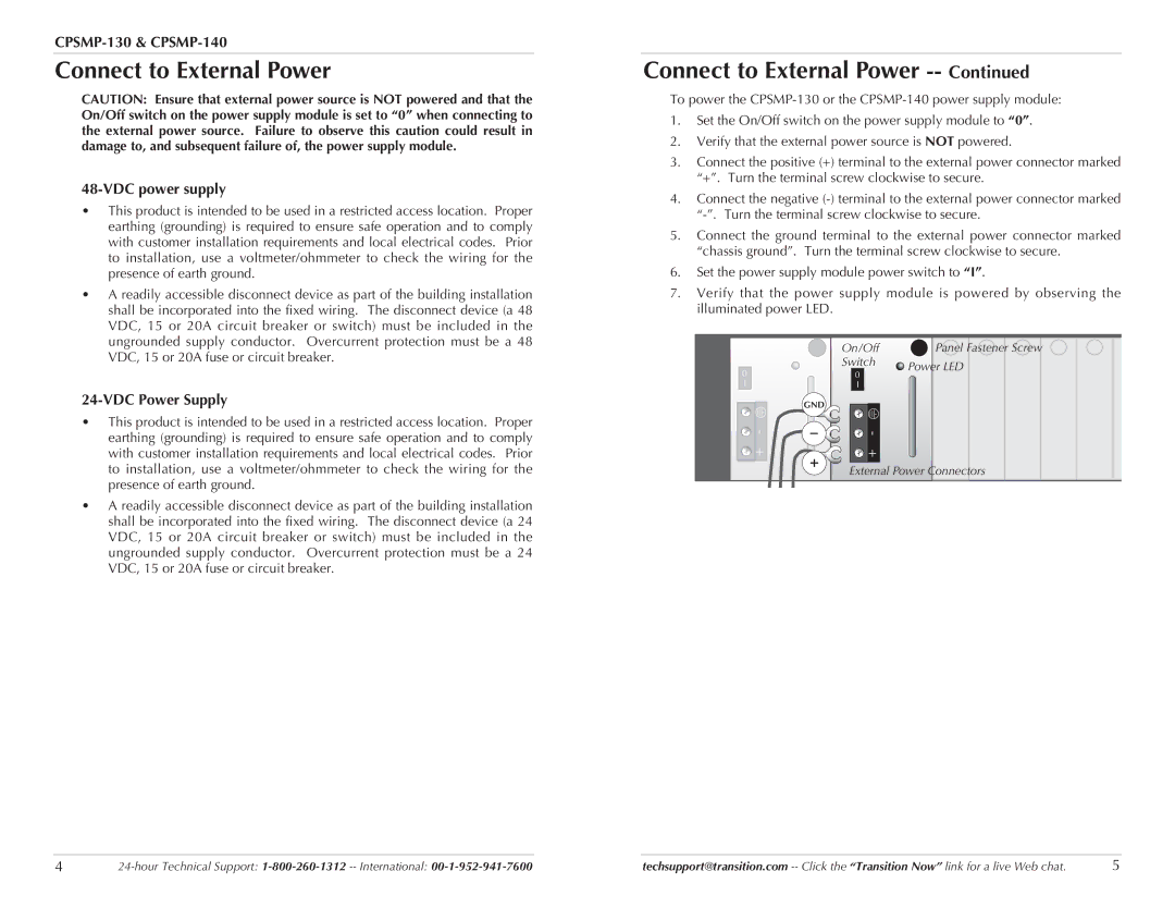 Transition Networks CPSMP-130, CPSMP-140 technical specifications Connect to External Power, VDC power supply 