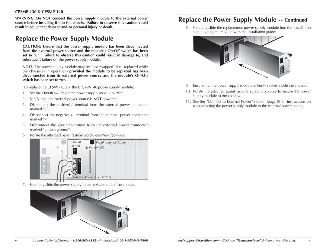 Transition Networks CPSMP-140, CPSMP-130 technical specifications Replace the Power Supply Module 