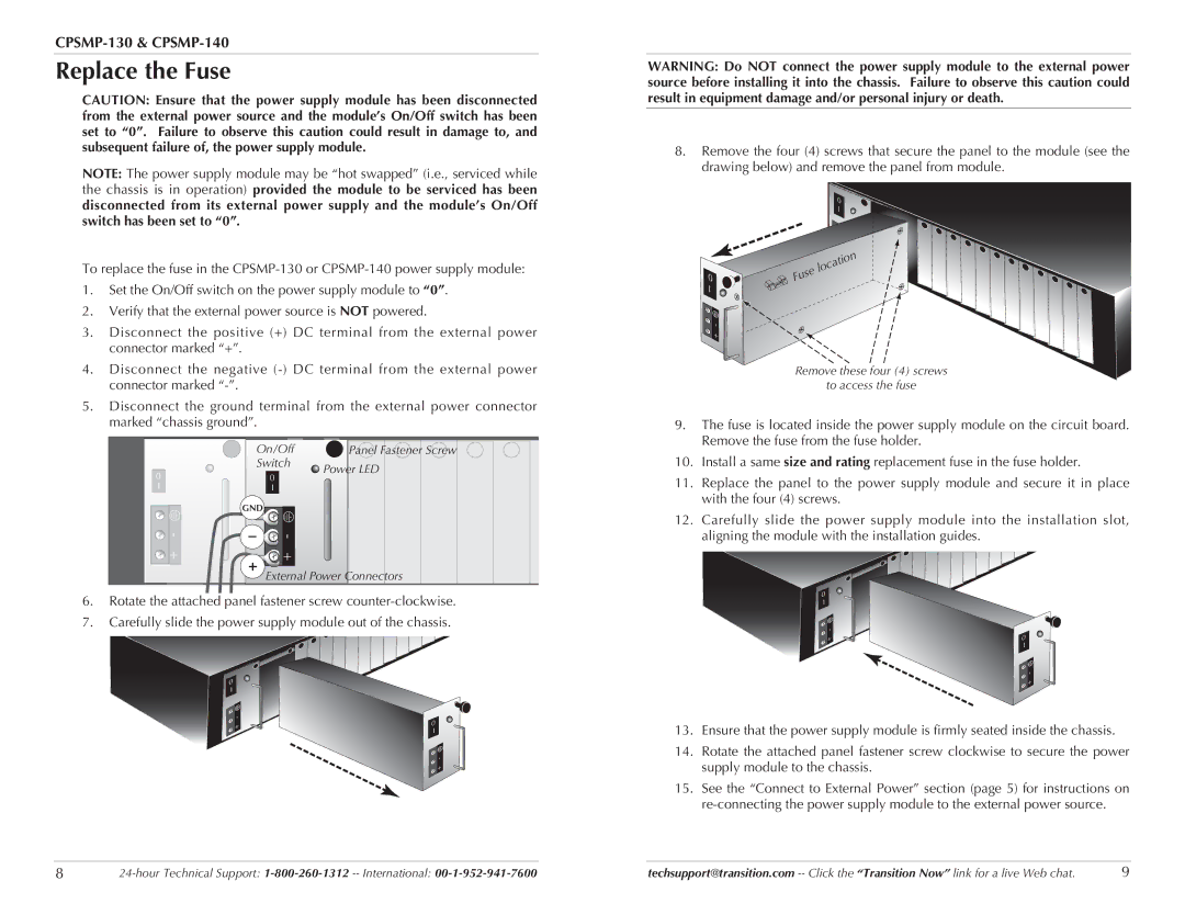 Transition Networks CPSMP-130, CPSMP-140 technical specifications Replace the Fuse, Location Fuse 