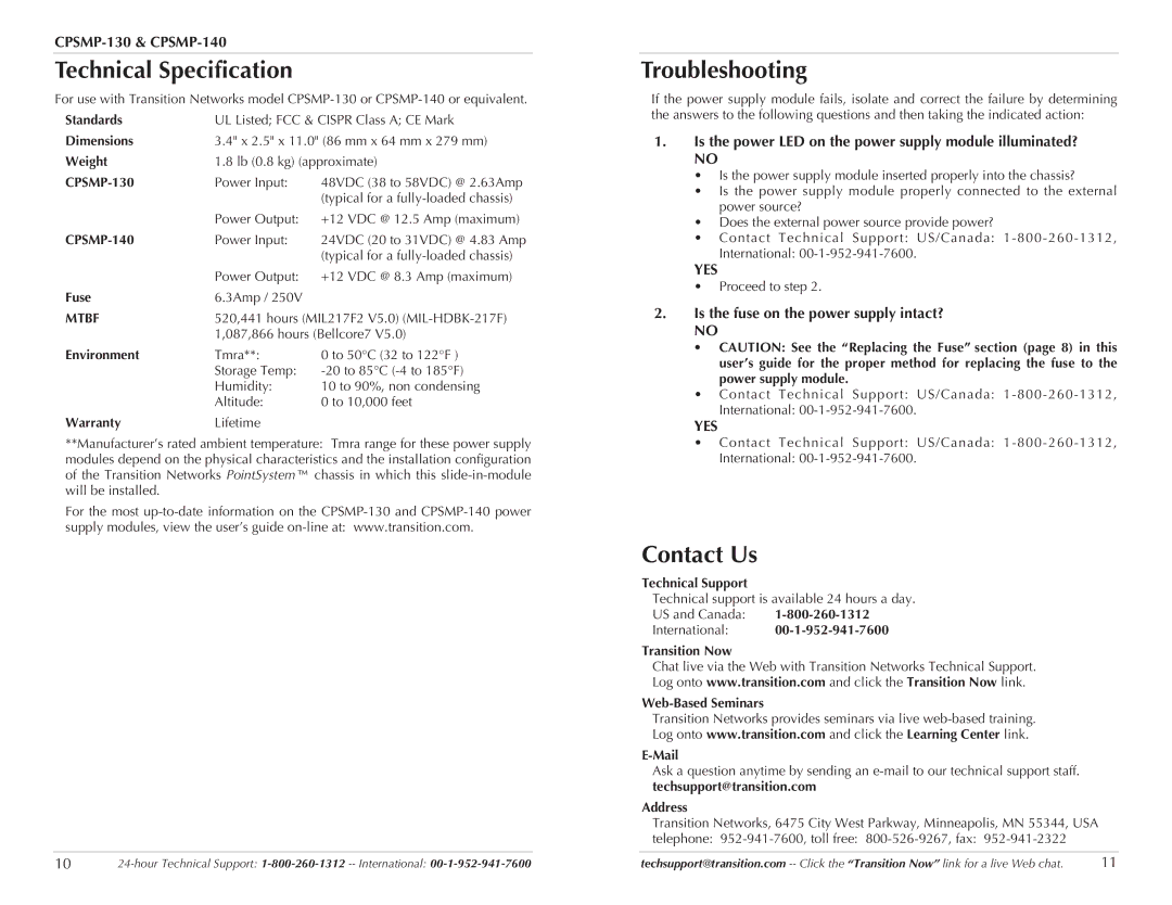 Transition Networks CPSMP-140, CPSMP-130 technical specifications Technical Specification, Troubleshooting, Contact Us 