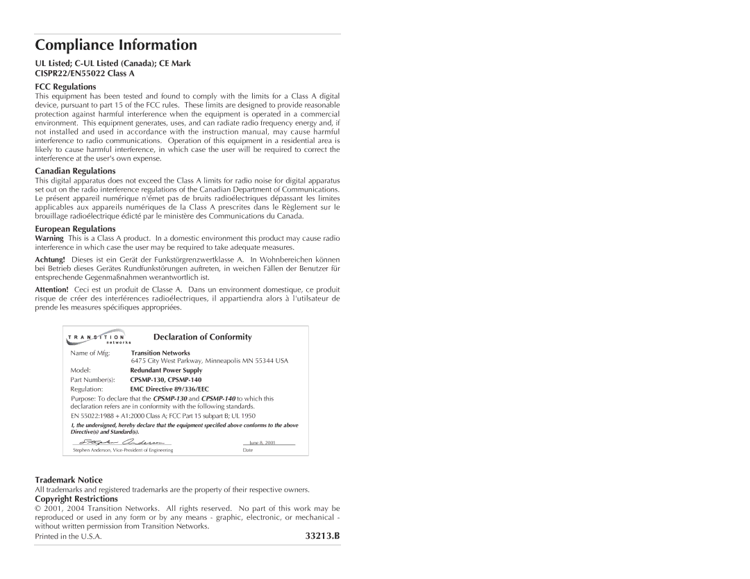 Transition Networks CPSMP-130, CPSMP-140 technical specifications Compliance Information, 33213.B 