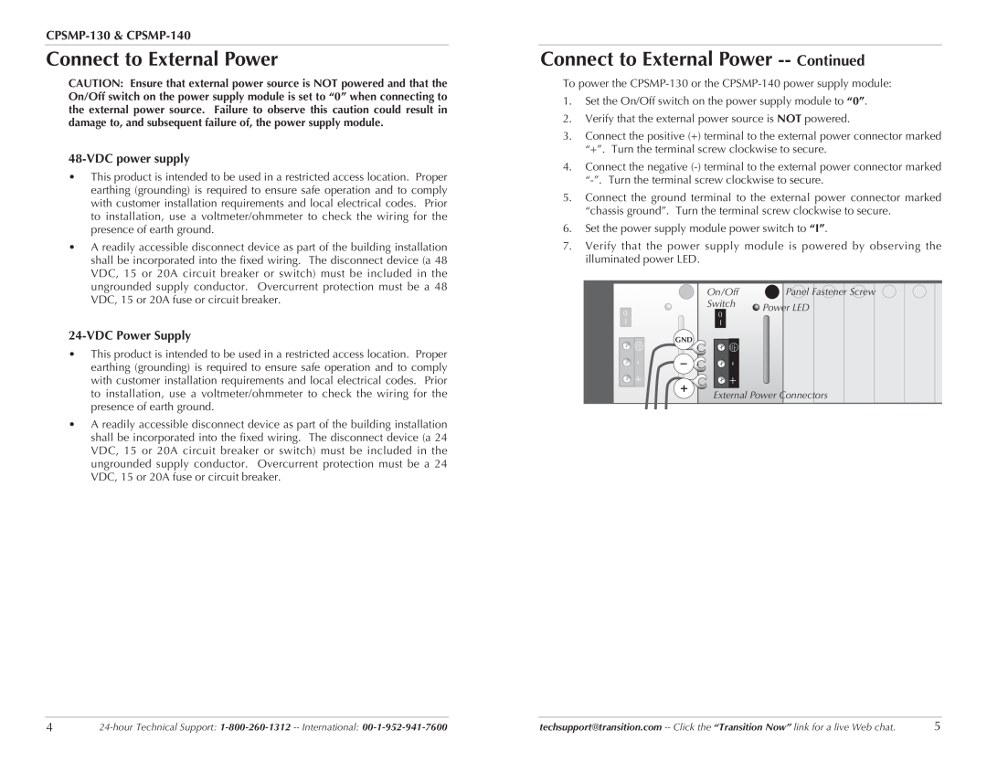 Transition Networks CPSMP-130, CPSMP-140 Connect to External Power -- Continued, VDC power supply, VDC Power Supply 