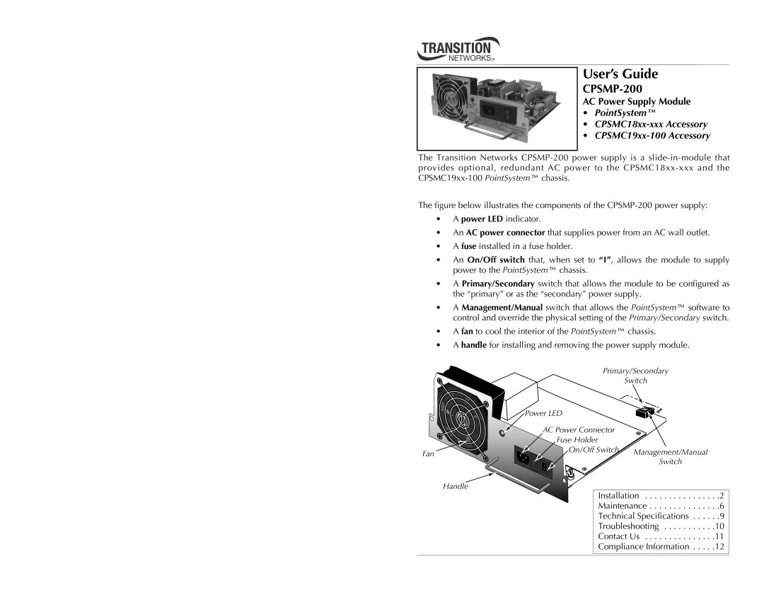 Transition Networks CPSMP-200 technical specifications AC Power Supply Module, User’s Guide 