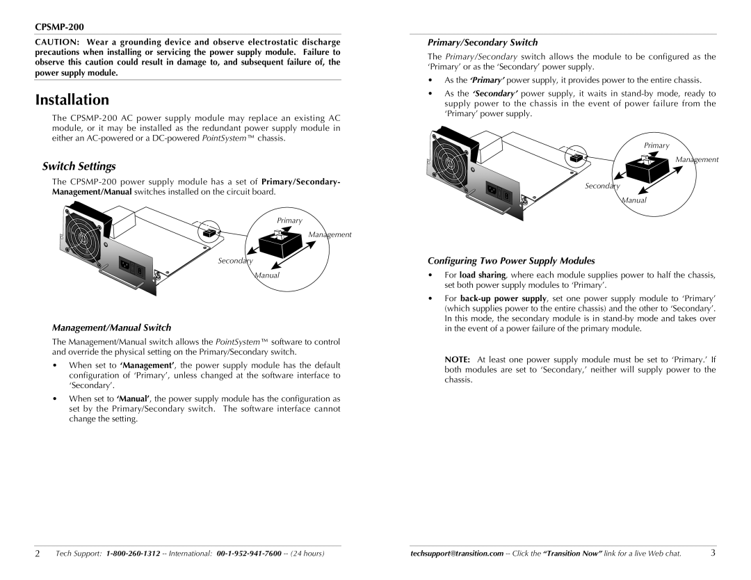 Transition Networks CPSMP-200 Installation, Switch Settings, Management/Manual Switch, Primary/Secondary Switch 