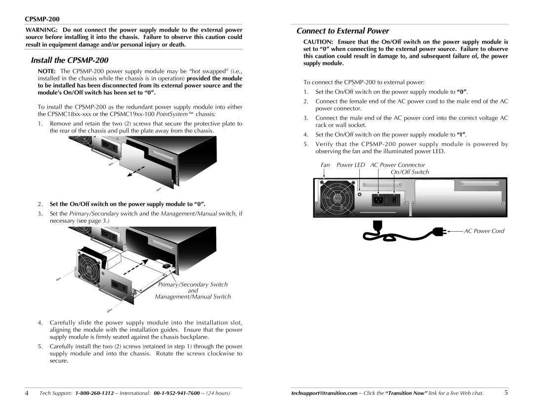 Transition Networks technical specifications Install the CPSMP-200, Connect to External Power 