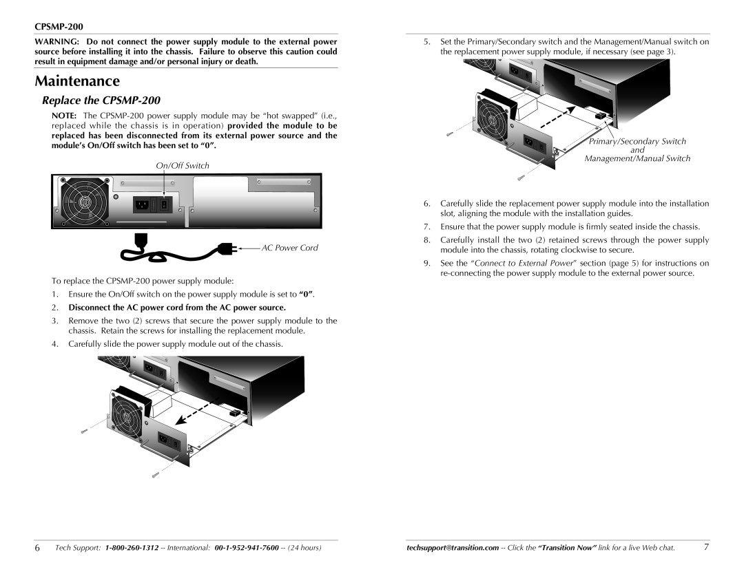 Transition Networks Maintenance, Replace the CPSMP-200, Disconnect the AC power cord from the AC power source 