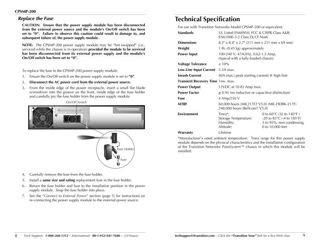 Transition Networks CPSMP-200 technical specifications Technical Specification, Replace the Fuse 