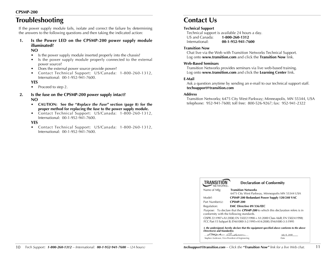 Transition Networks CPSMP-200 technical specifications Troubleshooting, Contact Us 