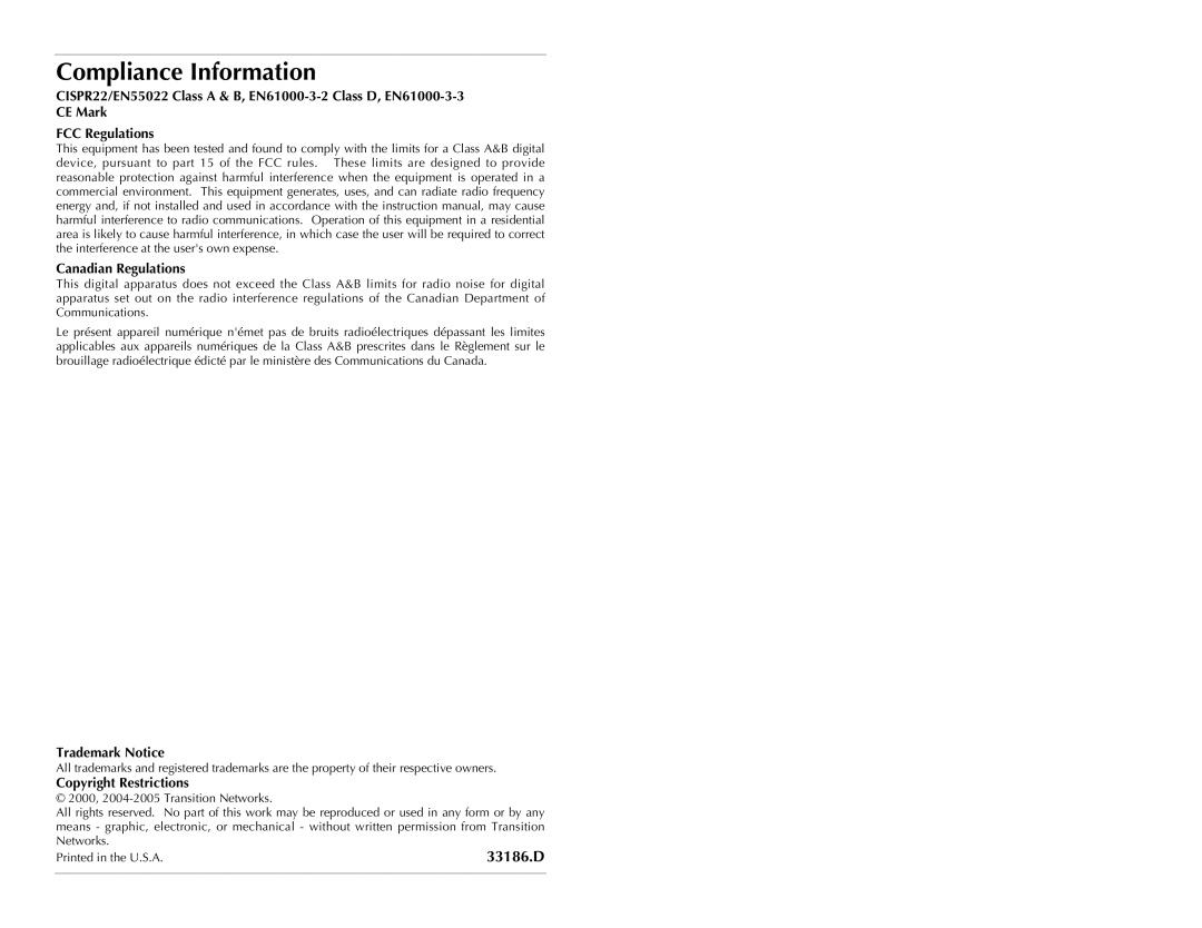 Transition Networks CPSMP-200 technical specifications Compliance Information, Trademark Notice, Copyright Restrictions 