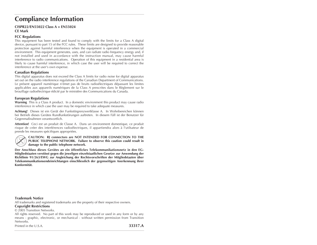 Transition Networks CSEFE10XX-10X Compliance Information, 33317.A, Canadian Regulations, European Regulations 