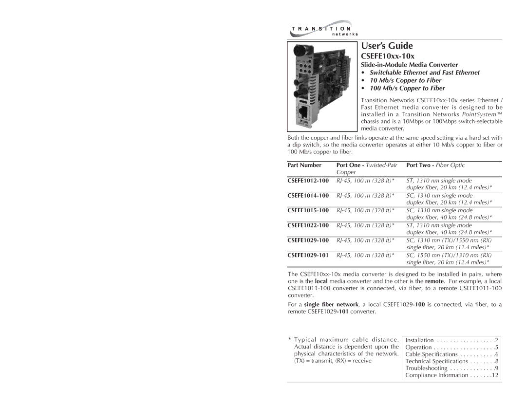 Transition Networks CSEFE10XX-10X specifications User’s Guide 