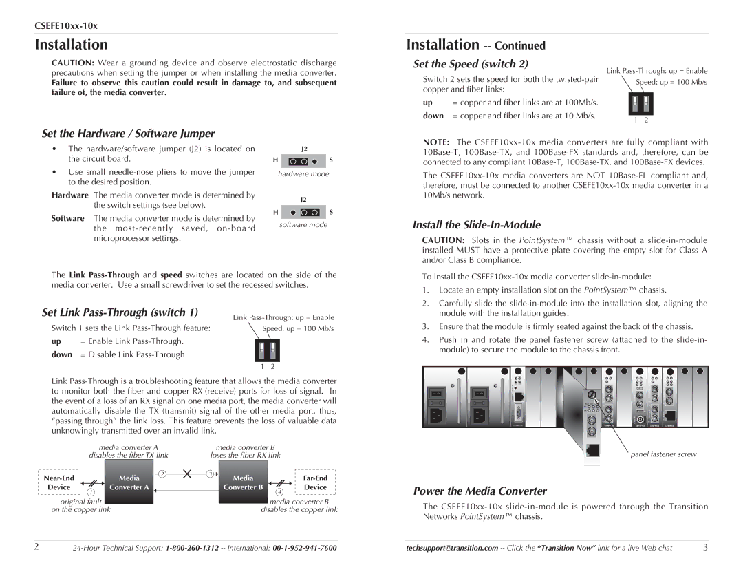 Transition Networks CSEFE10XX-10X specifications Installation 