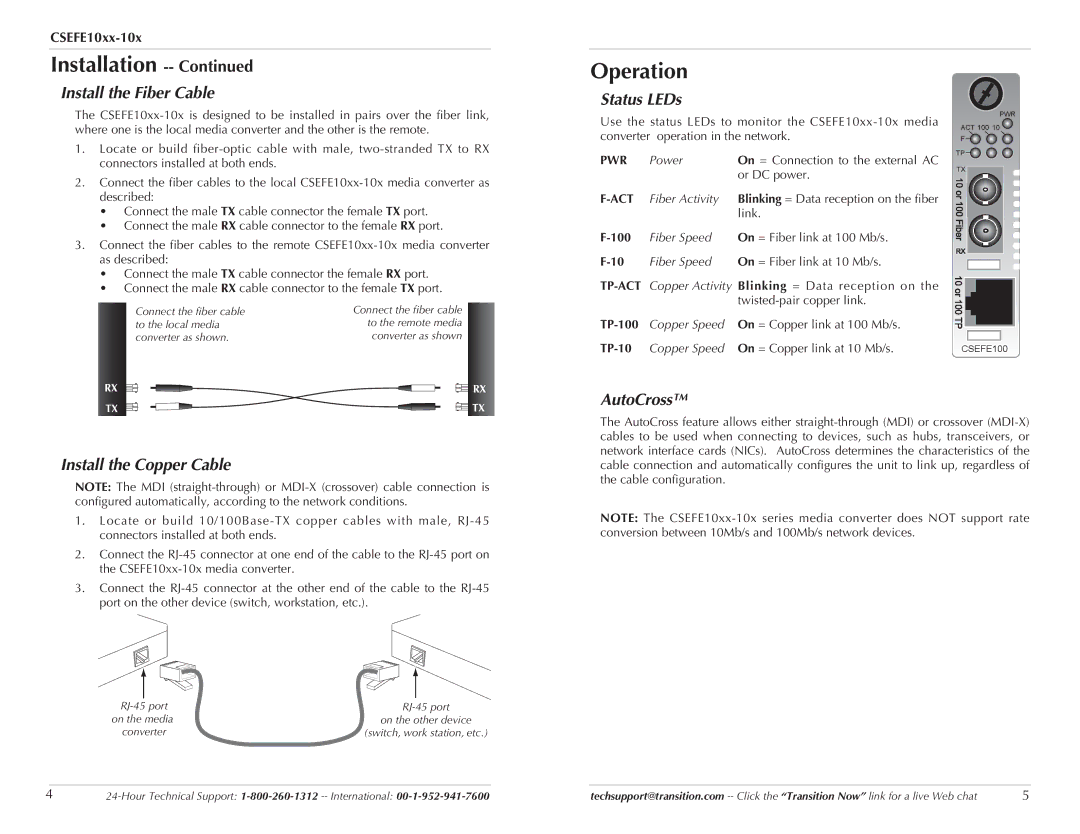 Transition Networks CSEFE10XX-10X Operation, Install the Fiber Cable, Status LEDs, AutoCross Install the Copper Cable 