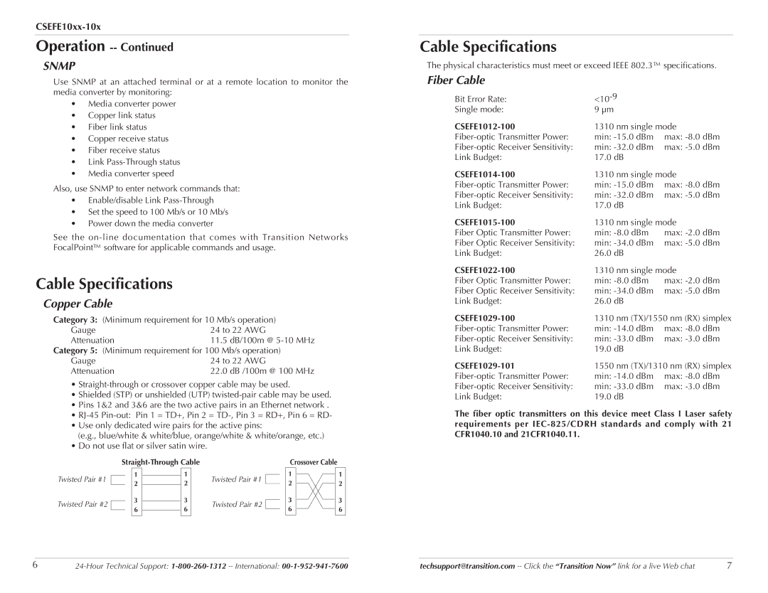 Transition Networks CSEFE10XX-10X specifications Cable Specifications, Copper Cable, Fiber Cable 