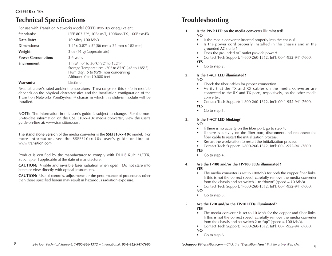 Transition Networks CSEFE10XX-10X specifications Technical Specifications, Troubleshooting 