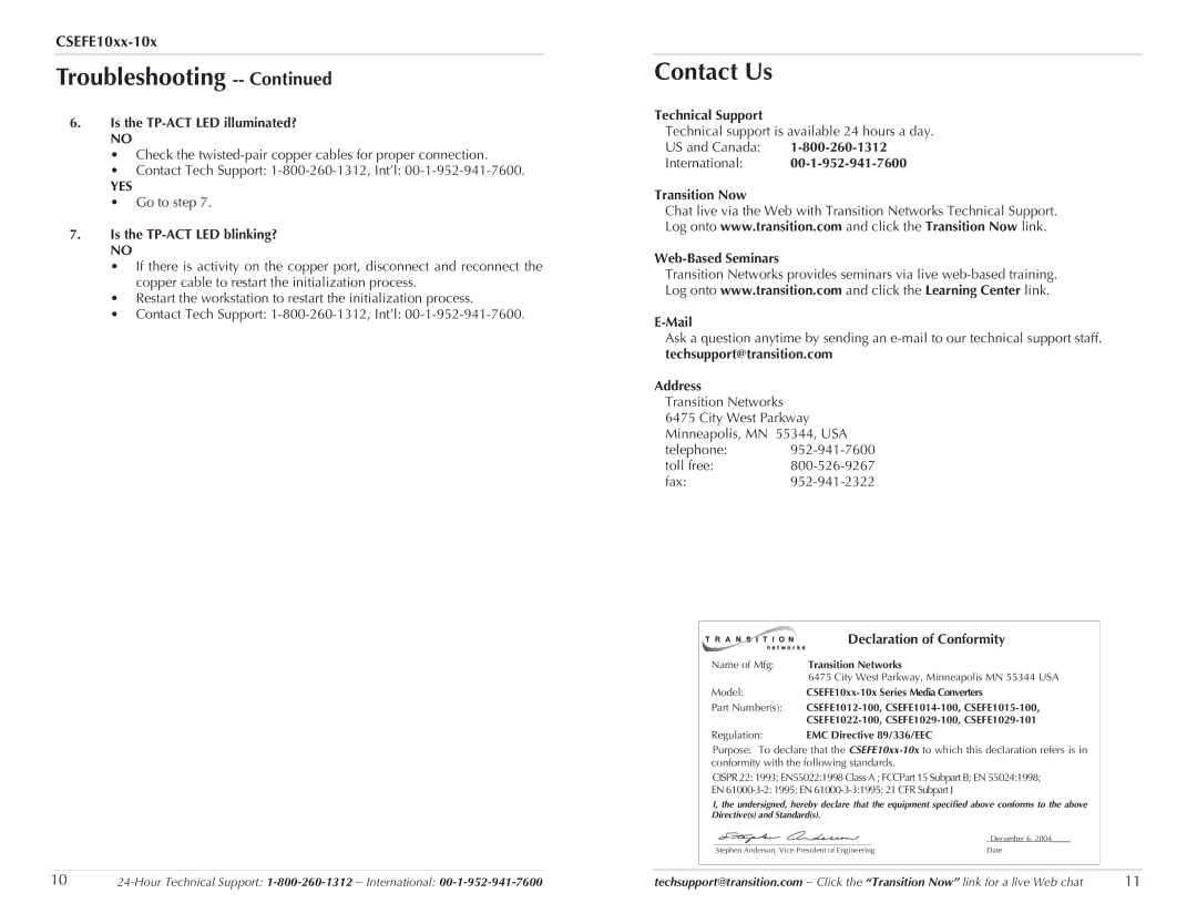 Transition Networks CSEFE10XX-10X specifications Contact Us 