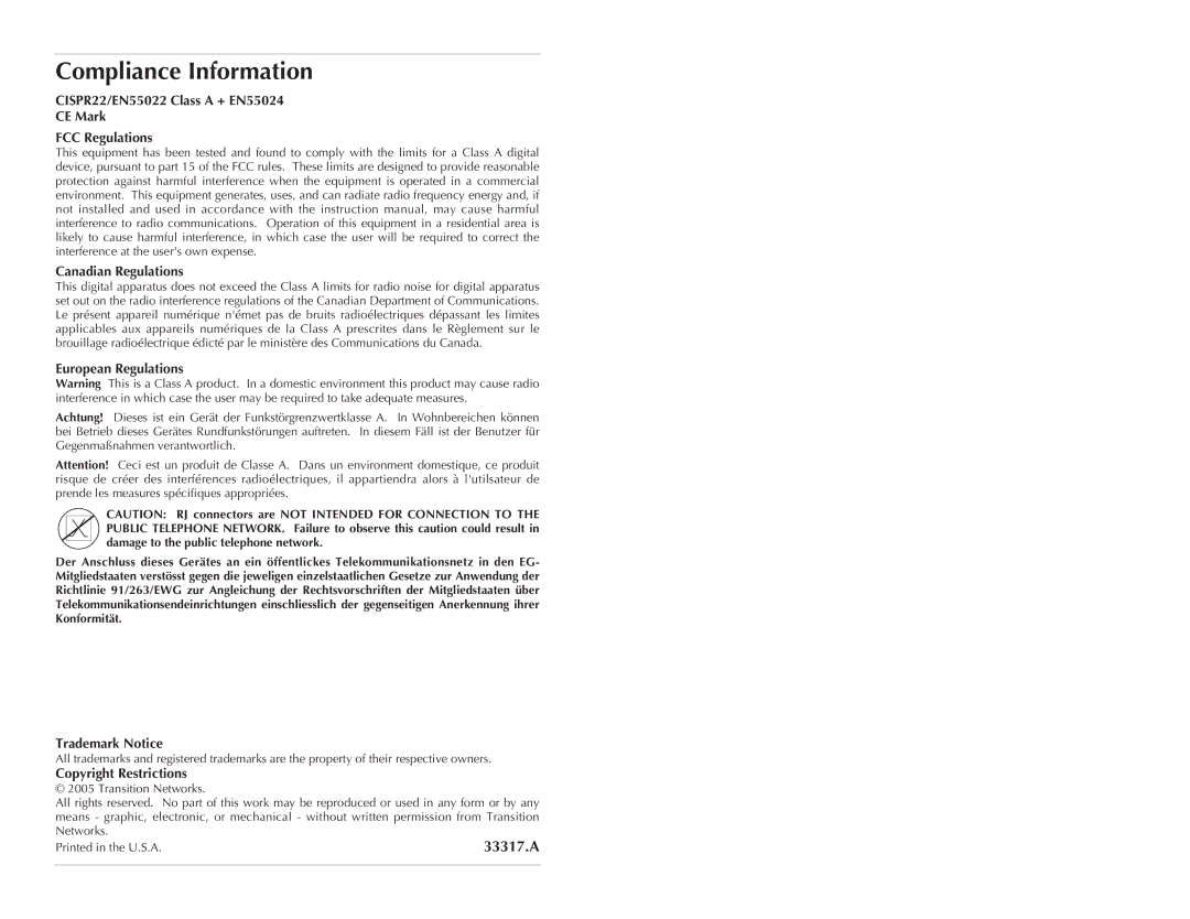 Transition Networks CSEFE10XX-10X Compliance Information, European Regulations, Trademark Notice, Copyright Restrictions 