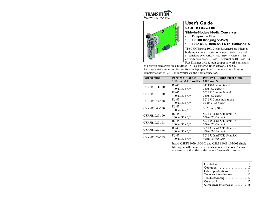 Transition Networks CSRFB10XX-100 specifications User’s Guide, CSRFB10xx-100 