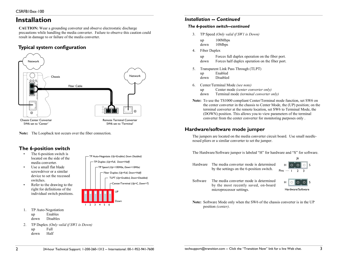 Transition Networks CSRFB10XX-100 specifications Installation, Typical system configuration, Hardware/software mode jumper 