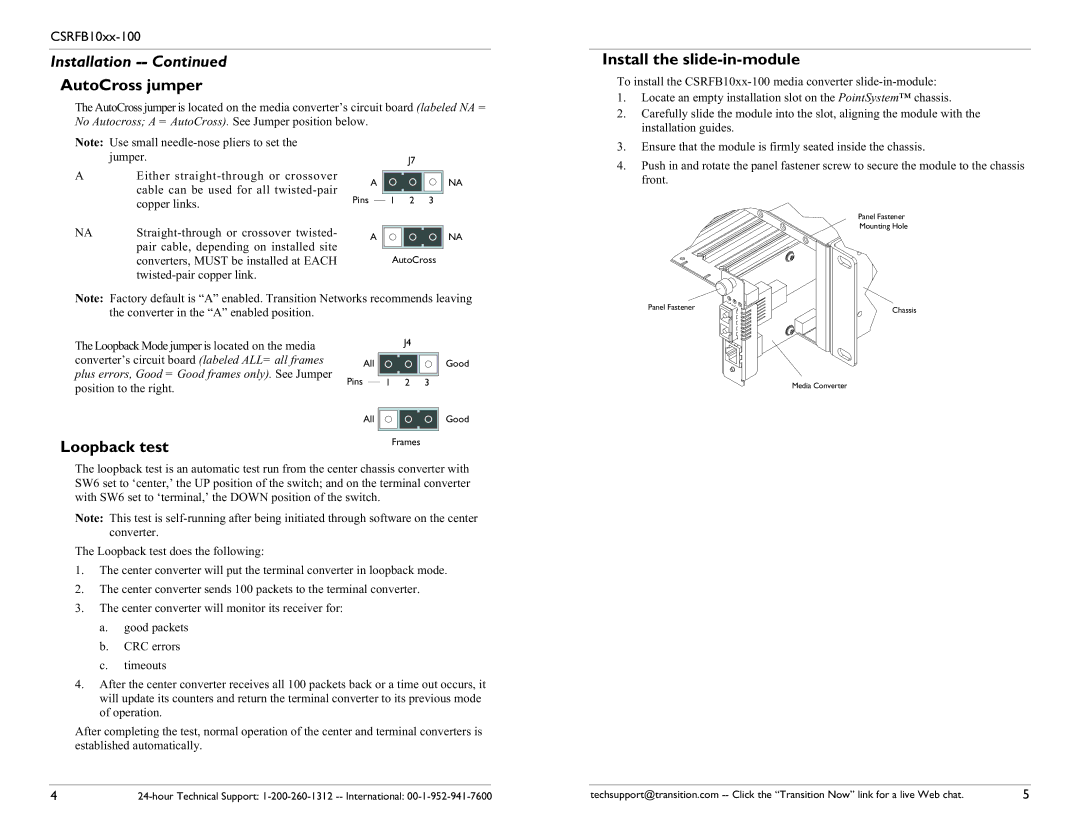 Transition Networks CSRFB10XX-100 specifications AutoCross jumper, Install the slide-in-module, Loopback test 