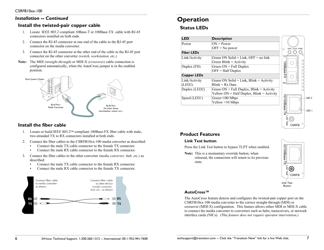 Transition Networks CSRFB10XX-100 Operation, Install the twisted-pair copper cable, Install the fiber cable, Status LEDs 