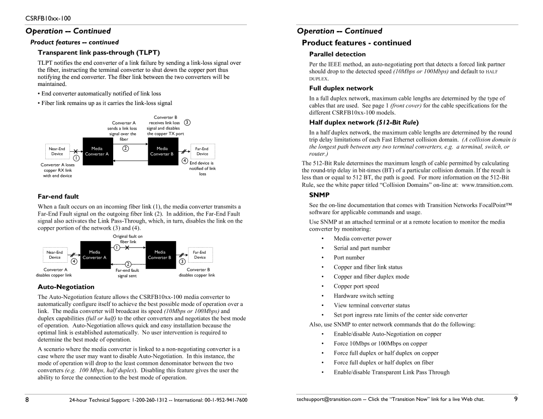 Transition Networks CSRFB10XX-100 Transparent link pass-through Tlpt, Parallel detection, Full duplex network 