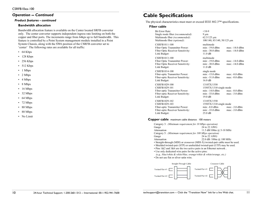 Transition Networks CSRFB10XX-100 specifications Cable Specifications, Bandwidth allocation, Fiber cable 