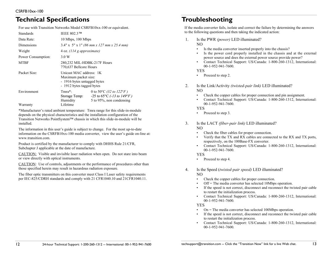 Transition Networks CSRFB10XX-100 specifications Technical Specifications, Troubleshooting 