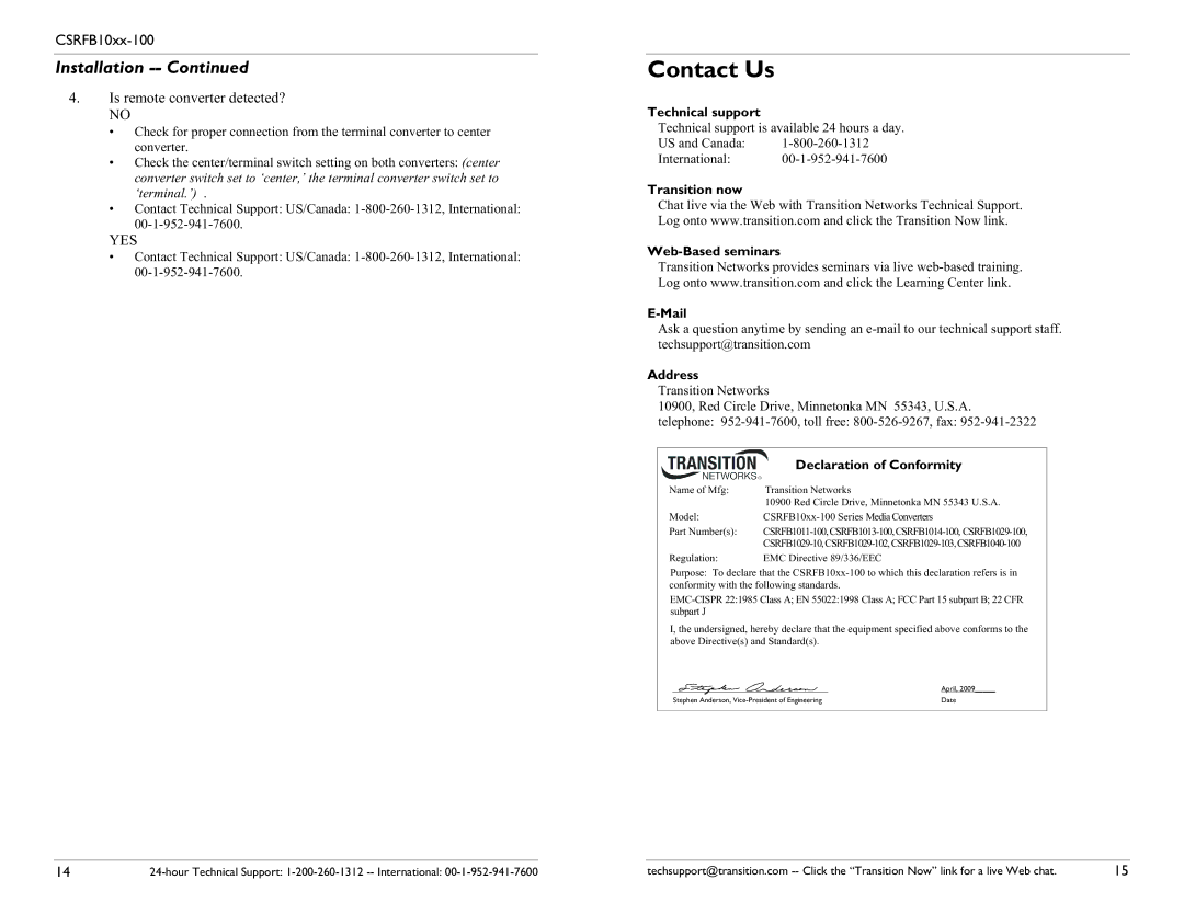 Transition Networks CSRFB10XX-100 specifications Contact Us, Is remote converter detected? 