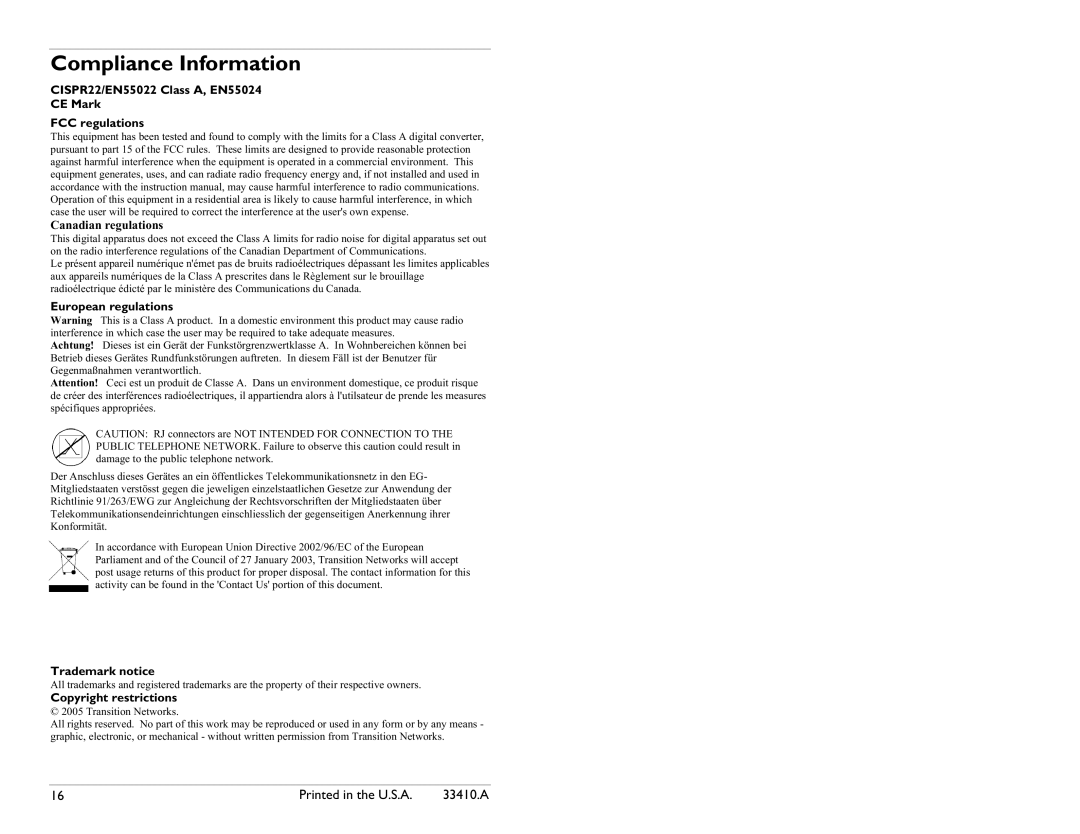 Transition Networks CSRFB10XX-100 specifications Compliance Information, Canadian regulations 