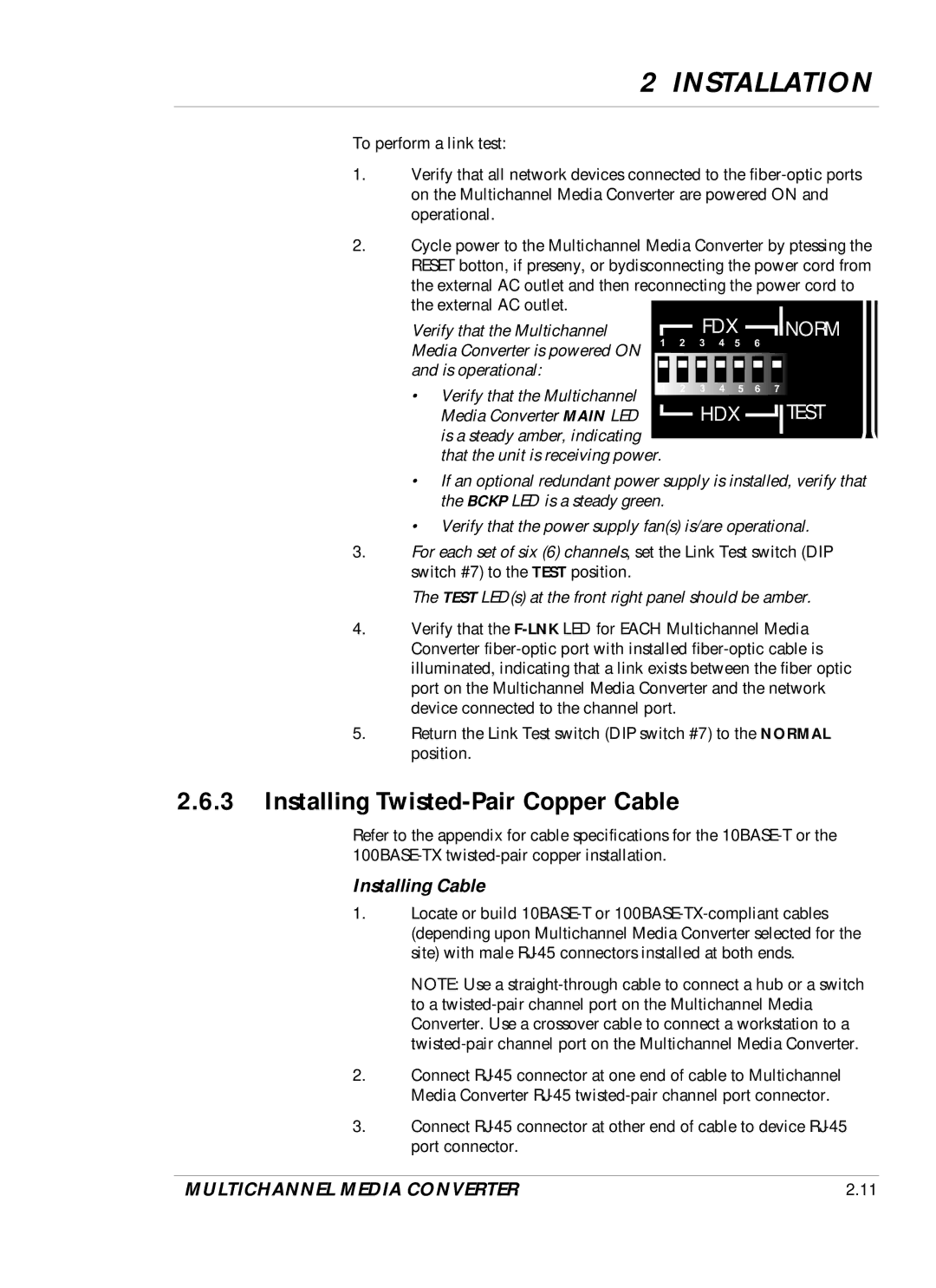 Transition Networks DVP 5140K manual Installing Twisted-Pair Copper Cable, Norm Test 