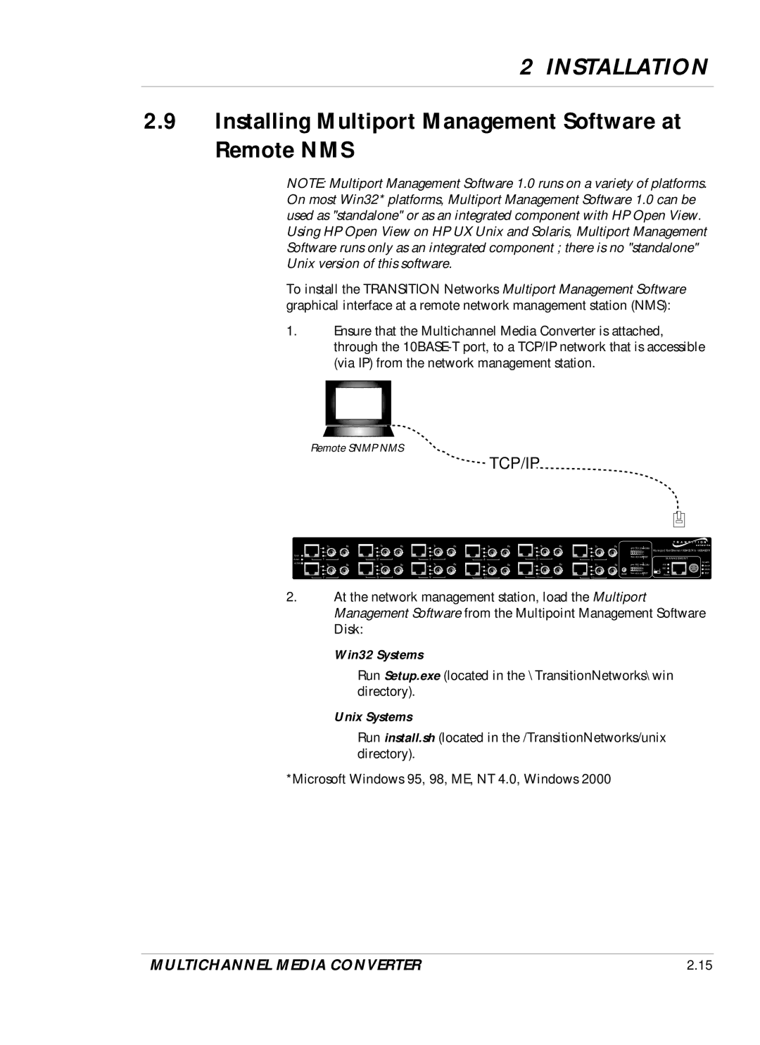 Transition Networks DVP 5140K manual Installing Multiport Management Software at Remote NMS, Tcp/Ip 