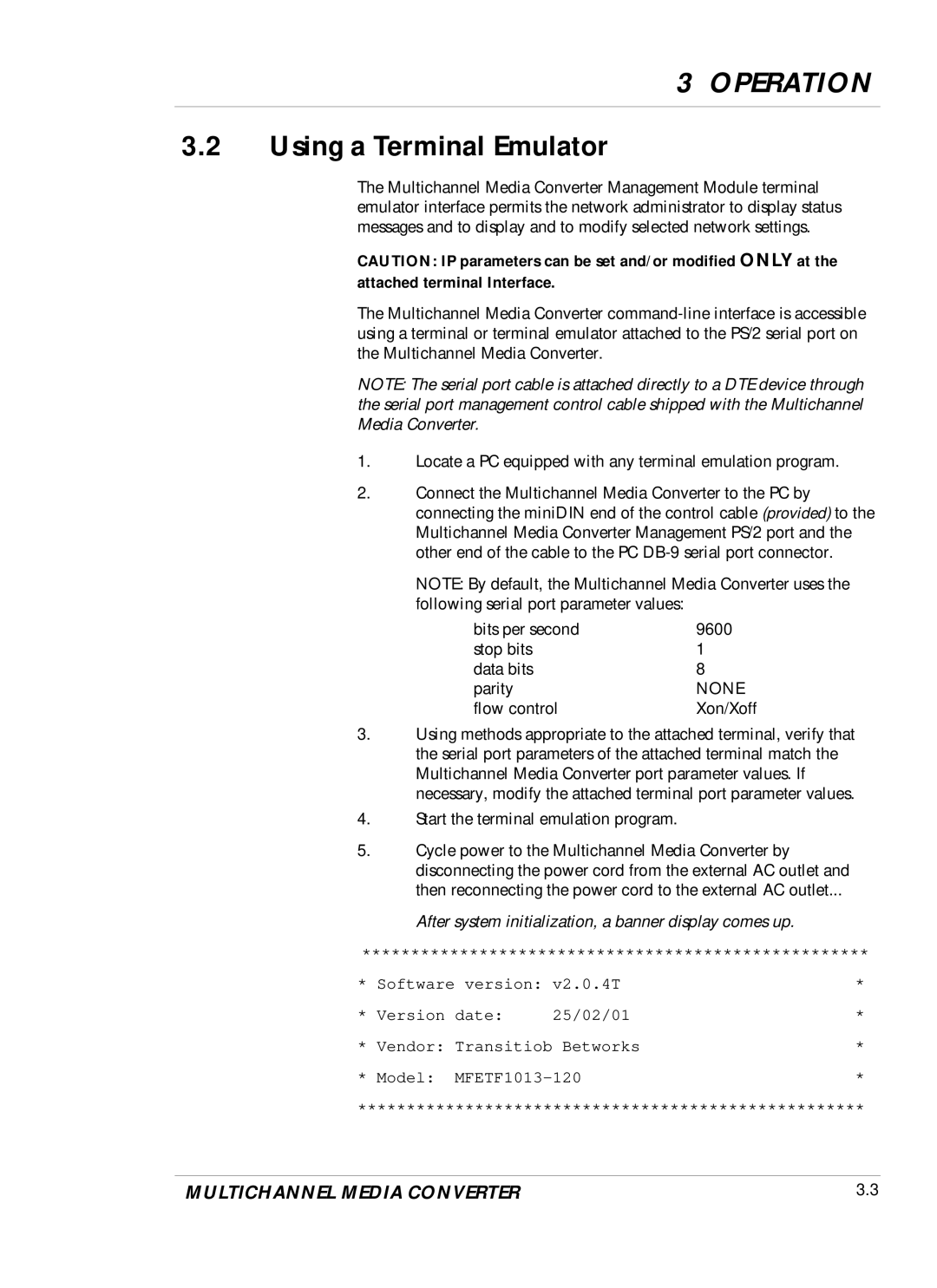 Transition Networks DVP 5140K manual Operation, Using a Terminal Emulator 