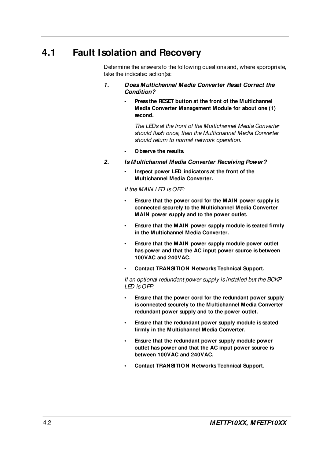Transition Networks DVP 5140K manual Fault Isolation and Recovery, Is Multichannel Media Converter Receiving Power? 