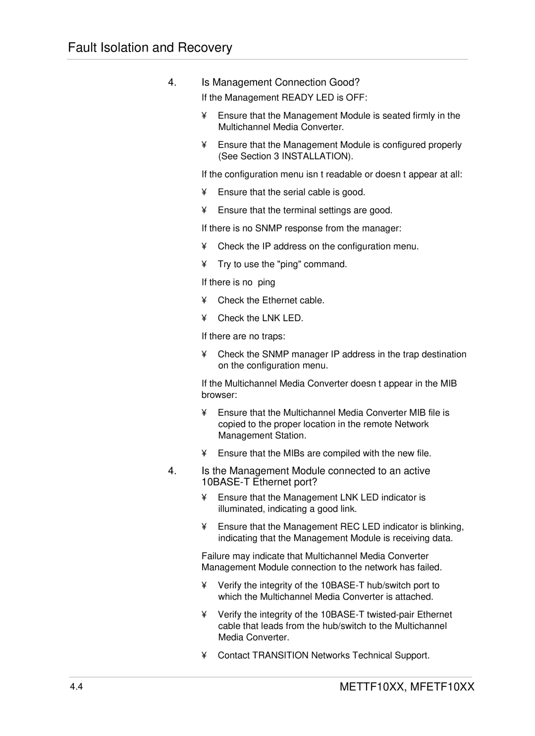 Transition Networks DVP 5140K manual Fault Isolation and Recovery 